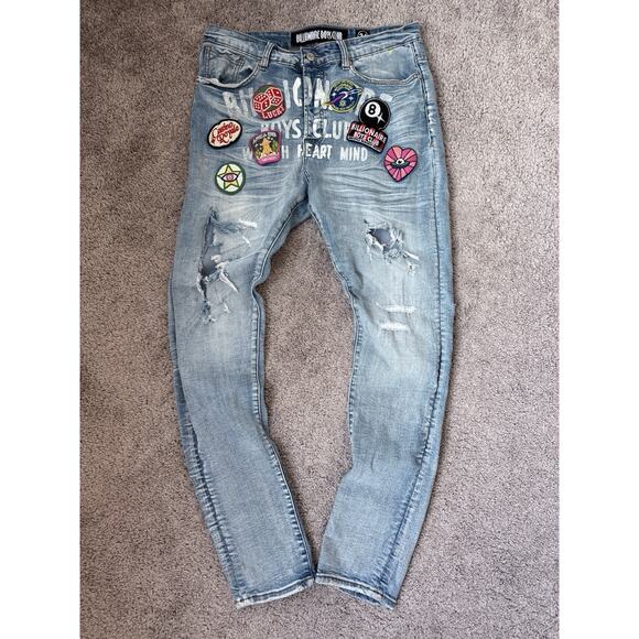 Billionaire Boys Club Light Blue Straight Jeans with Patches - Picture 1 of 10